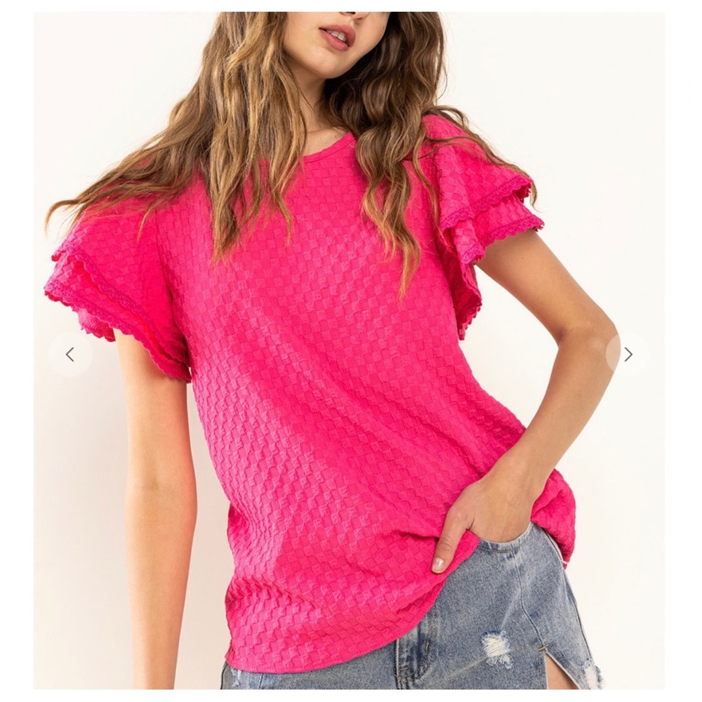 35 Boho Textured Double Ruffle Short Sleeve Top - Picture 4 of 7